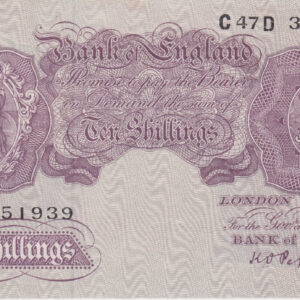 B251 Peppiatt Ten Shillings C47D Banknote. This is the 1940 issue, with Britannia at the left on the obverse. Prefix / Serial Number C47D 351939.