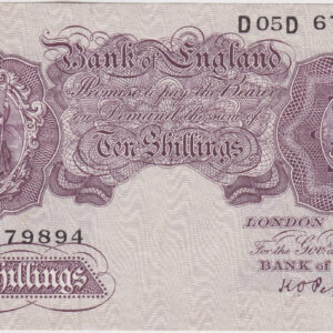 B251 Peppiatt Ten Shillings D05D Banknote. This is the 1940 issue, with Britannia at the left on the obverse. Prefix / Serial Number D05D 679894.