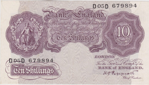 B251 Peppiatt Ten Shillings D05D Banknote. This is the 1940 issue, with Britannia at the left on the obverse. Prefix / Serial Number D05D 679894.