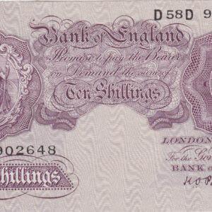 B251 Peppiatt Ten Shillings D58D Banknote. This is the 1940 issue, with Britannia at the left on the obverse. Prefix / Serial Number D58D 902648.