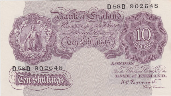 B251 Peppiatt Ten Shillings D58D Banknote. This is the 1940 issue, with Britannia at the left on the obverse. Prefix / Serial Number D58D 902648.