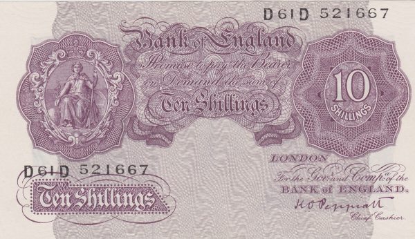B251 Peppiatt Ten Shillings D61D Banknote. This is the 1940 issue, with Britannia at the left on the obverse. Prefix / Serial Number D61D 521669.