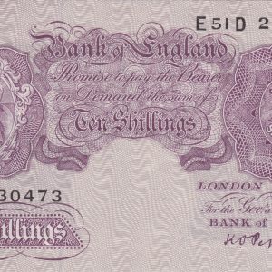 B251 Peppiatt Ten Shillings E51D Banknote. This is the 1940 issue, with Britannia at the left on the obverse. Prefix / Serial Number E51D 230473.