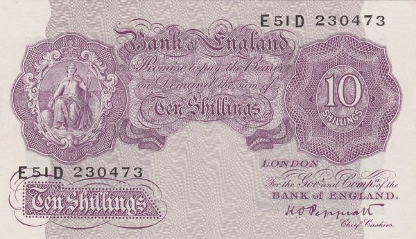 B251 Peppiatt Ten Shillings E51D Banknote. This is the 1940 issue, with Britannia at the left on the obverse. Prefix / Serial Number E51D 230473.