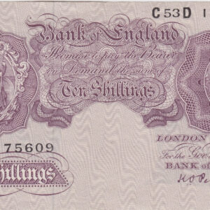 B251 Peppiatt Ten Shillings C53D Banknote. This is the 1940 issue, with Britannia at the left on the obverse. Prefix / Serial Number C53D 175609.