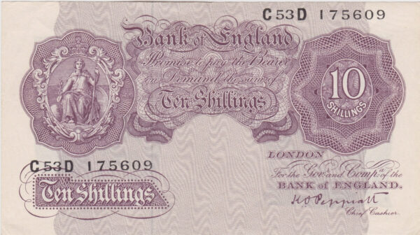 B251 Peppiatt Ten Shillings C53D Banknote. This is the 1940 issue, with Britannia at the left on the obverse. Prefix / Serial Number C53D 175609.