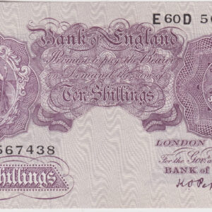 B251 Peppiatt Ten Shillings E60D Banknote. This is the 1940 issue, with Britannia at the left on the obverse. Prefix / Serial Number E60D 567438.