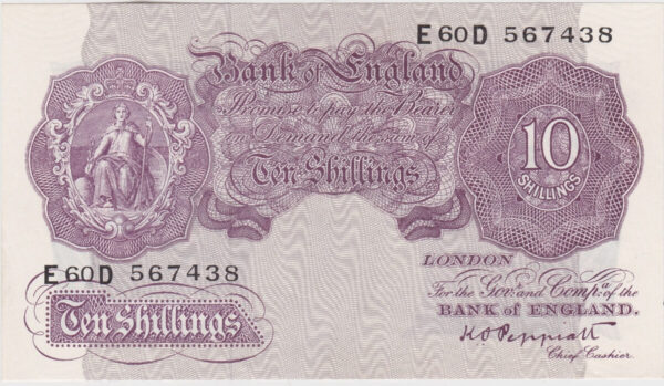 B251 Peppiatt Ten Shillings E60D Banknote. This is the 1940 issue, with Britannia at the left on the obverse. Prefix / Serial Number E60D 567438.