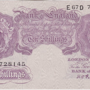 B251 Peppiatt Ten Shillings E67D Banknote. This is the 1940 issue, with Britannia at the left on the obverse. Prefix / Serial Number E67D 728145.
