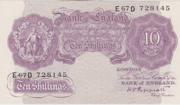 B251 Peppiatt Ten Shillings E67D Banknote. This is the 1940 issue, with Britannia at the left on the obverse. Prefix / Serial Number E67D 728145.