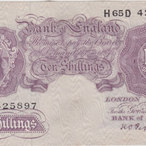 B251 Peppiatt Ten Shillings H65D Banknote. This is the 1940 issue, with Britannia at the left on the obverse. Prefix / Serial Number H65D 425897.