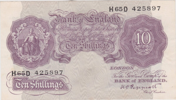 B251 Peppiatt Ten Shillings H65D Banknote. This is the 1940 issue, with Britannia at the left on the obverse. Prefix / Serial Number H65D 425897.