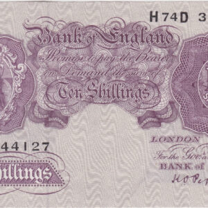 B251 Peppiatt Ten Shillings H74D Banknote. This is the 1940 issue, with Britannia at the left on the obverse. Prefix / Serial Number H74D 344127.