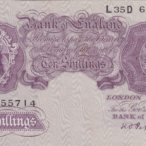 B251 Peppiatt Ten Shillings L35D Banknote. This is the 1940 issue, with Britannia at the left on the obverse. Prefix / Serial Number L35D 655714.