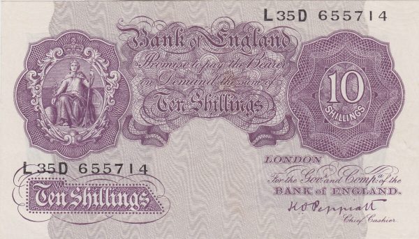 B251 Peppiatt Ten Shillings L35D Banknote. This is the 1940 issue, with Britannia at the left on the obverse. Prefix / Serial Number L35D 655714.