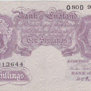 B251 Peppiatt Ten Shillings O80D Banknote. This is the 1940 issue, with Britannia at the left on the obverse. Prefix / Serial Number O80D 913644.