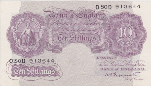 B251 Peppiatt Ten Shillings O80D Banknote. This is the 1940 issue, with Britannia at the left on the obverse. Prefix / Serial Number O80D 913644.