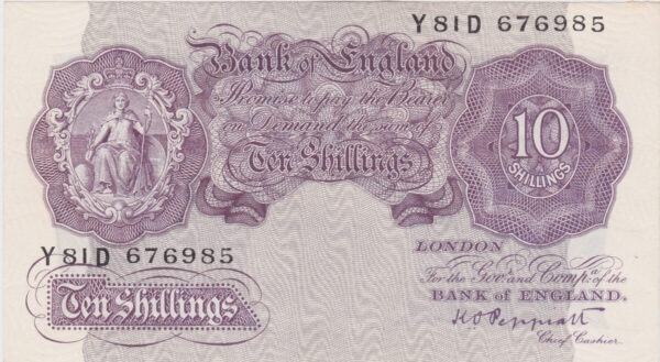 B251 Peppiatt Ten Shillings Y81D Banknote. This is the 1940 issue, with Britannia at the left on the obverse. Prefix / Serial Number Y81D 676985.