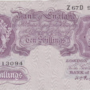 B251 Peppiatt Ten Shillings Z67D Banknote. This is the 1940 issue, with Britannia at the left on the obverse. Prefix / Serial Number Z67D 913094.
