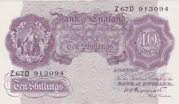 B251 Peppiatt Ten Shillings Z67D Banknote. This is the 1940 issue, with Britannia at the left on the obverse. Prefix / Serial Number Z67D 913094.