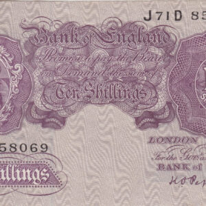 B251 Peppiatt Ten Shillings J71D Banknote. This is the 1940 issue, with Britannia at the left on the obverse. Prefix / Serial Number J71D 858069.