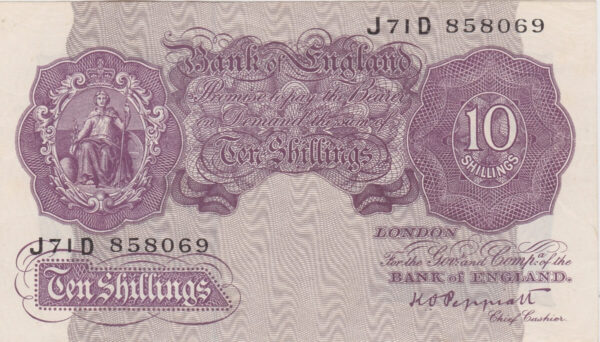 B251 Peppiatt Ten Shillings J71D Banknote. This is the 1940 issue, with Britannia at the left on the obverse. Prefix / Serial Number J71D 858069.