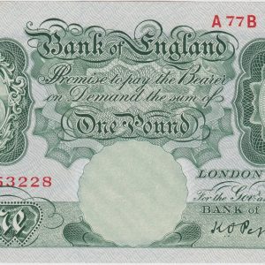 B260 Peppiatt One Pound Banknote A77B This is the green 1948 Issue, with Britannia on the obverse and Serial Number A77B 753228.