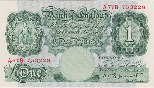 B260 Peppiatt One Pound Banknote A77B This is the green 1948 Issue, with Britannia on the obverse and Serial Number A77B 753228.