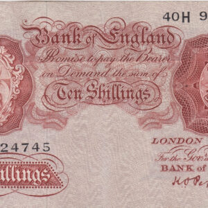 B262 Peppiatt Ten Shillings Banknote. This is the 1948 issue, with Britannia at the left on the obverse. Prefix / Serial Number 40H 924745.