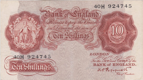B262 Peppiatt Ten Shillings Banknote. This is the 1948 issue, with Britannia at the left on the obverse. Prefix / Serial Number 40H 924745.