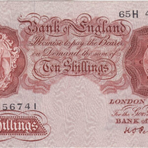B262 Peppiatt Ten Shillings 65H Banknote. This is the 1948 issue, with Britannia at the left on the obverse. Prefix / Serial Number 65H 456741.