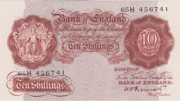 B262 Peppiatt Ten Shillings 65H Banknote. This is the 1948 issue, with Britannia at the left on the obverse. Prefix / Serial Number 65H 456741.