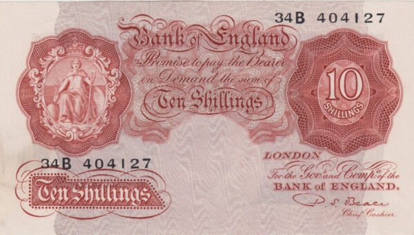 B265 Beale Ten Shillings 34B Banknote. The note features Britannia on the obverse and is a last series 1950 Issue, with Prefix / Serial Number 34B 404127.