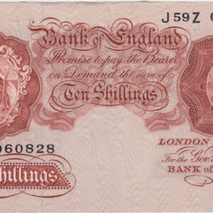 B266 Beale Ten Shillings J59Z Banknote. This is the 1950 Issue, with Britannia on the obverse and Prefix / Serial Number J59Z 060828.