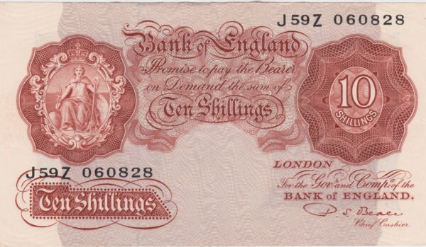 B266 Beale Ten Shillings J59Z Banknote. This is the 1950 Issue, with Britannia on the obverse and Prefix / Serial Number J59Z 060828.