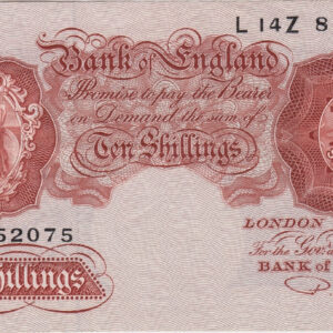 B266 Beale Ten Shillings L14Z Banknote. This is the 1950 Issue, with Britannia on the obverse and Prefix / Serial Number L14Z 852075.