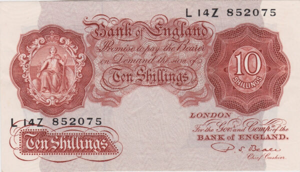 B266 Beale Ten Shillings L14Z Banknote. This is the 1950 Issue, with Britannia on the obverse and Prefix / Serial Number L14Z 852075.