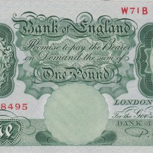 B268 Beale One Pound Banknote W71B. This is the green 1950 Issue, with Britannia on the obverse and Serial Number W71B 428495.