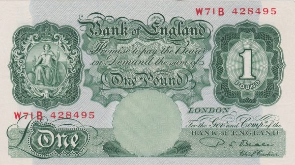 B268 Beale One Pound Banknote W71B. This is the green 1950 Issue, with Britannia on the obverse and Serial Number W71B 428495.
