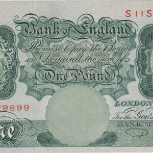 B269 Beale One Pound Replacement Banknote S11S. This is the green 1950 Issue with Britannia on the obverse. The banknote has the Serial Number S11S 829899.