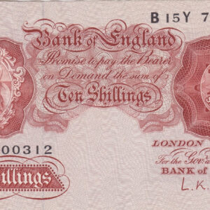 B271 O'Brien Ten Shillings B15Y Banknote. This is the 1955 Issue, with Britannia on the obverse and Prefix / Serial Number B15Y 700312.