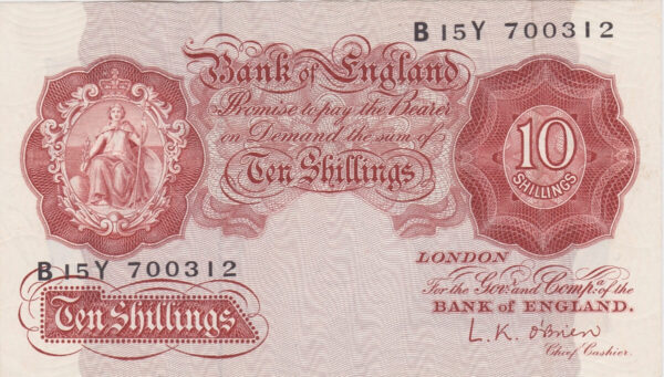 B271 O'Brien Ten Shillings B15Y Banknote. This is the 1955 Issue, with Britannia on the obverse and Prefix / Serial Number B15Y 700312.