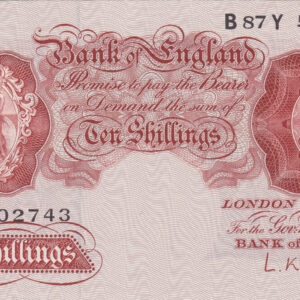 B271 O'Brien Ten Shillings B87Y Banknote. This is the 1955 Issue, with Britannia on the obverse and Prefix / Serial Number B87Y 502743.