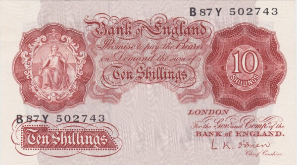 B271 O'Brien Ten Shillings B87Y Banknote. This is the 1955 Issue, with Britannia on the obverse and Prefix / Serial Number B87Y 502743.
