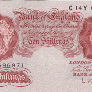 B271 O'Brien Ten Shillings C14Y Banknote. This is the 1955 Issue, with Britannia on the obverse and Prefix / Serial Number C14Y 696971.
