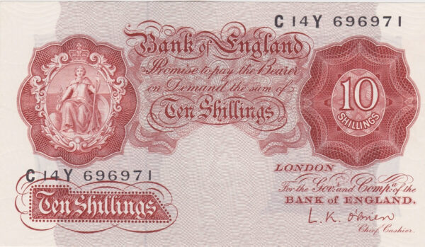 B271 O'Brien Ten Shillings C14Y Banknote. This is the 1955 Issue, with Britannia on the obverse and Prefix / Serial Number C14Y 696971.