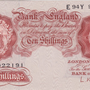 B271 O'Brien Ten Shillings E94Y Banknote. This is the 1955 Issue, with Britannia on the obverse and Prefix / Serial Number E94Y 922191.