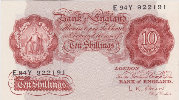 B271 O'Brien Ten Shillings E94Y Banknote. This is the 1955 Issue, with Britannia on the obverse and Prefix / Serial Number E94Y 922191.