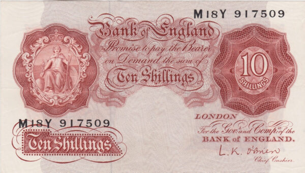 B271 O'Brien Ten Shillings M18Y Banknote. This is the 1955 Issue, with Britannia on the obverse and Prefix / Serial Number M18Y 917509.