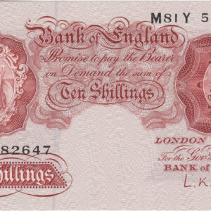 B271 O'Brien Ten Shillings M81Y Banknote. This is the 1955 Issue, with Britannia on the obverse and Prefix / Serial Number M81Y 582647.